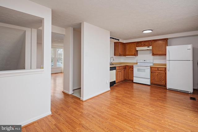 kitchen featuring sink, a textured ceiling, white appliances, and light hardwood / wood-style flooring