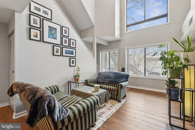 living room with wood-type flooring and high vaulted ceiling