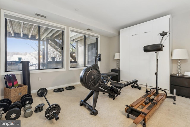 workout room featuring light carpet