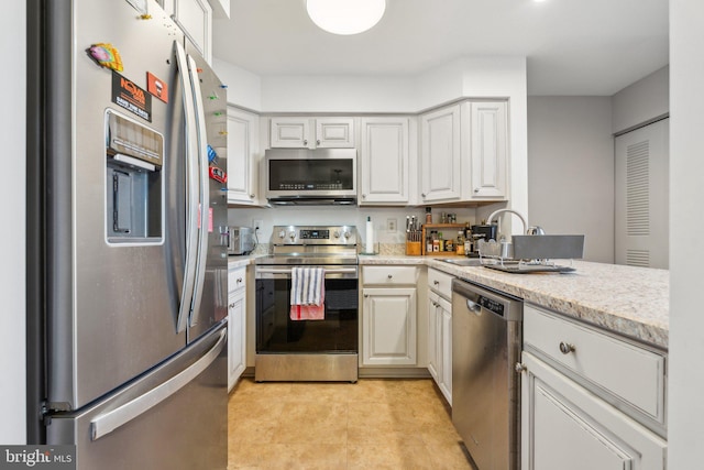 kitchen featuring white cabinetry, appliances with stainless steel finishes, sink, and kitchen peninsula