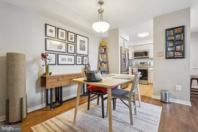 dining area featuring a baseboard radiator and wood-type flooring