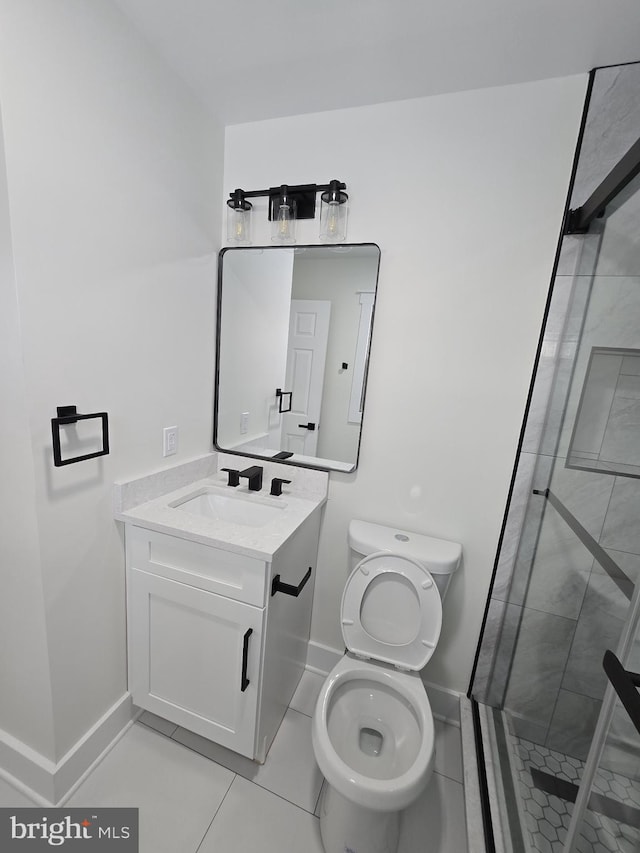 bathroom featuring vanity, an enclosed shower, tile patterned floors, and toilet