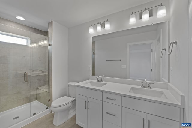 bathroom with vanity, toilet, and a shower with shower door