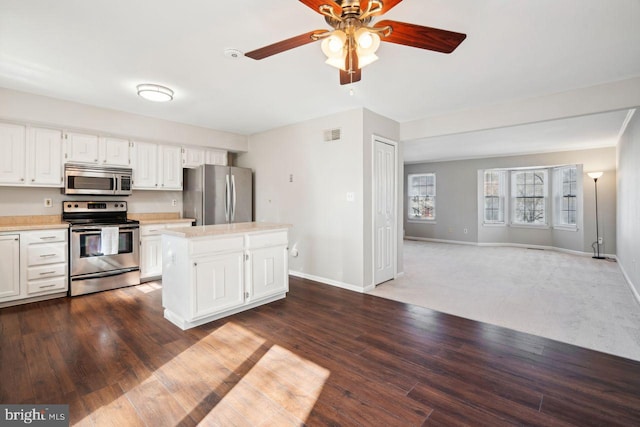 kitchen with white cabinetry, dark hardwood / wood-style floors, stainless steel appliances, and a center island