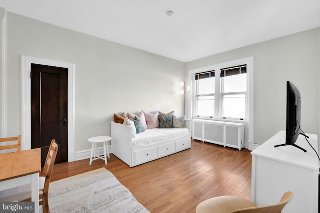 living room with radiator heating unit and hardwood / wood-style floors