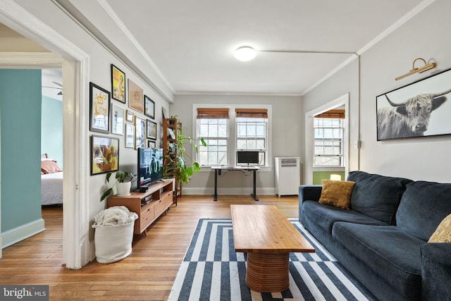 living room with radiator, ornamental molding, and light wood-type flooring