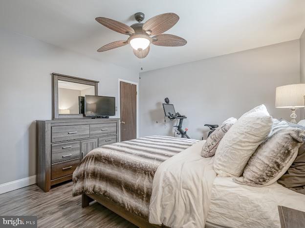 bedroom featuring ceiling fan and hardwood / wood-style floors