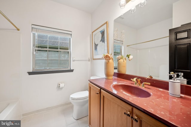 full bathroom featuring tile patterned floors, vanity, toilet, and shower / washtub combination