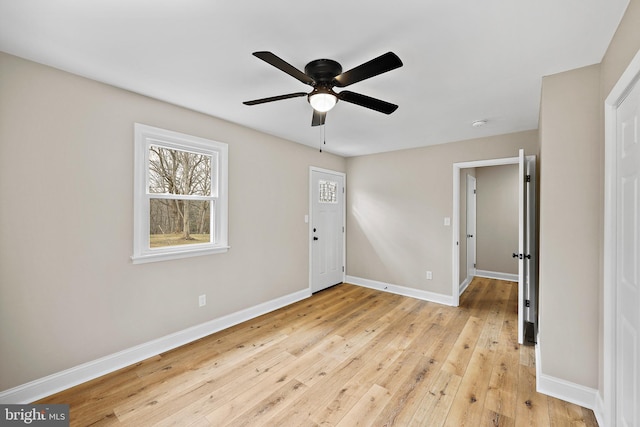 empty room featuring ceiling fan and light hardwood / wood-style floors