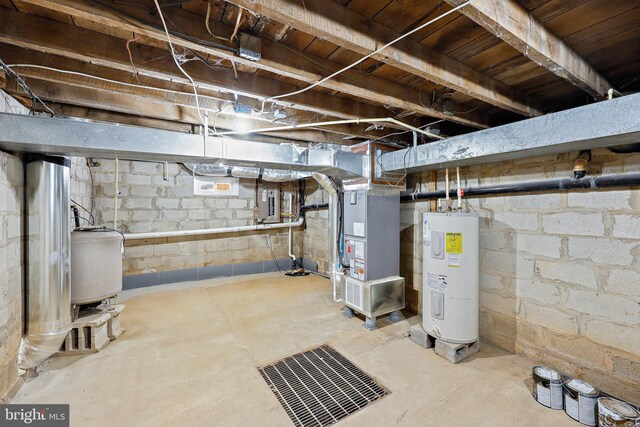 basement with electric water heater and heating unit