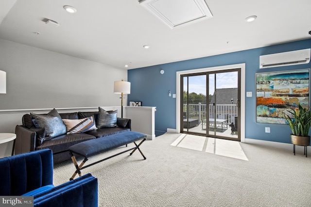 living room with a wall mounted air conditioner and carpet flooring