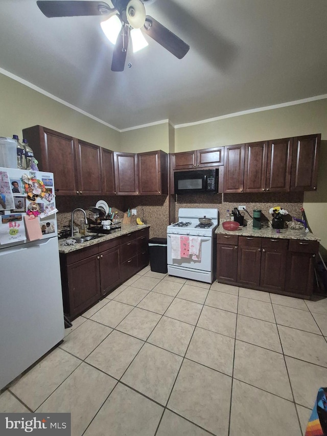 kitchen with sink, crown molding, white appliances, light tile patterned floors, and decorative backsplash