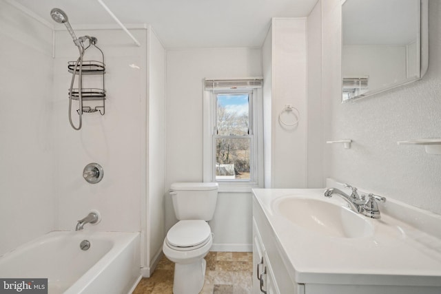 full bathroom with vanity, bathtub / shower combination, and toilet