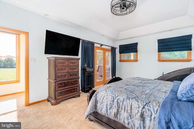 bedroom featuring multiple windows, carpet, and access to outside