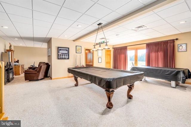 rec room with carpet flooring, a drop ceiling, and billiards