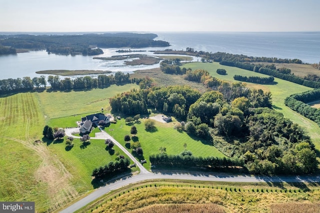 bird's eye view featuring a water view and a rural view