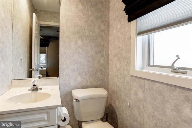 bathroom with plenty of natural light, toilet, and vanity