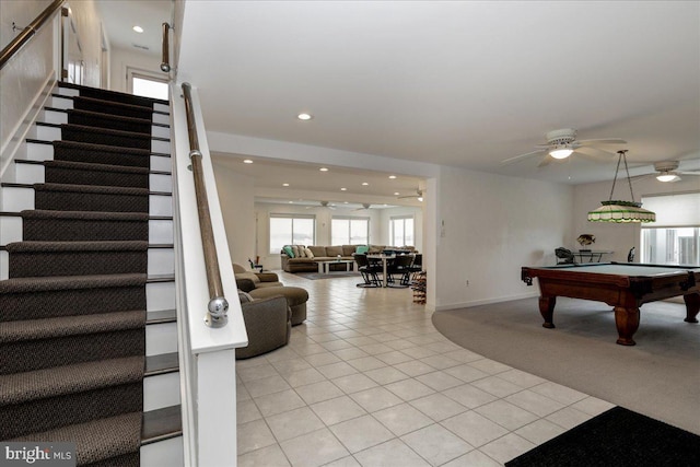 game room featuring ceiling fan, pool table, and light tile patterned floors