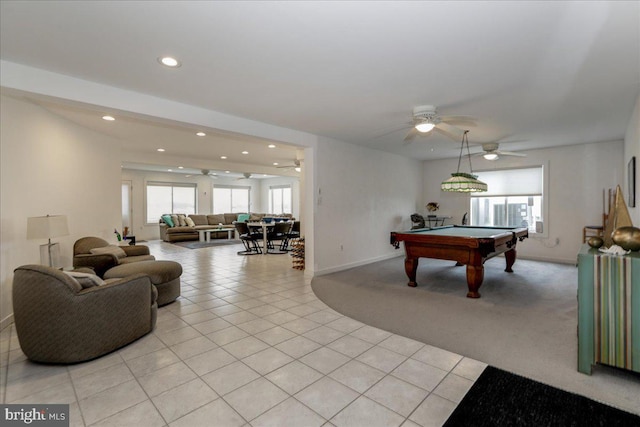 recreation room with light tile patterned flooring, pool table, and plenty of natural light