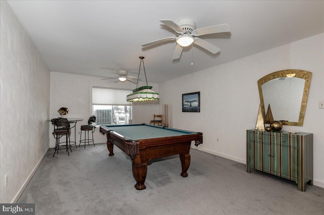 rec room with billiards, ceiling fan, and carpet