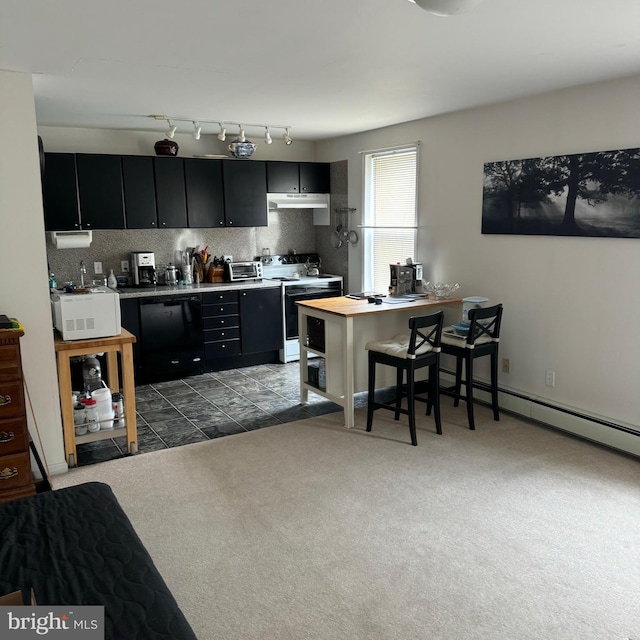 kitchen featuring electric stove, backsplash, black dishwasher, a kitchen bar, and light colored carpet