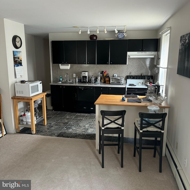 kitchen featuring a baseboard radiator, black dishwasher, electric range oven, and backsplash