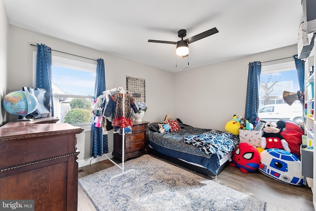 bedroom featuring light wood-style floors, multiple windows, and a ceiling fan