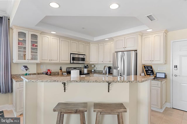 kitchen with a raised ceiling, appliances with stainless steel finishes, a kitchen breakfast bar, and light stone counters