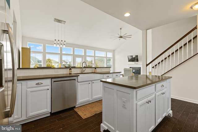 kitchen featuring appliances with stainless steel finishes, dark wood-style flooring, dark countertops, and a sink