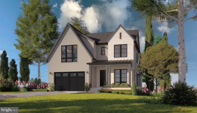 view of front of property featuring driveway, a front yard, a standing seam roof, an attached garage, and metal roof