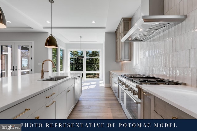 kitchen featuring backsplash, a sink, light wood finished floors, wall chimney exhaust hood, and stainless steel appliances