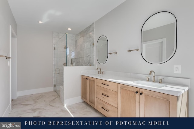full bathroom with a sink, a shower stall, marble finish floor, baseboards, and double vanity