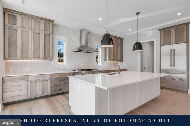 kitchen with light wood finished floors, wall chimney exhaust hood, tasteful backsplash, appliances with stainless steel finishes, and a sink