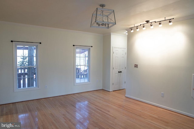 empty room featuring a wealth of natural light, light hardwood / wood-style flooring, and ornamental molding