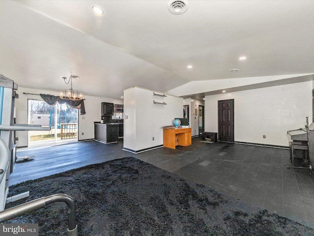 interior space featuring lofted ceiling, recessed lighting, visible vents, an inviting chandelier, and baseboards