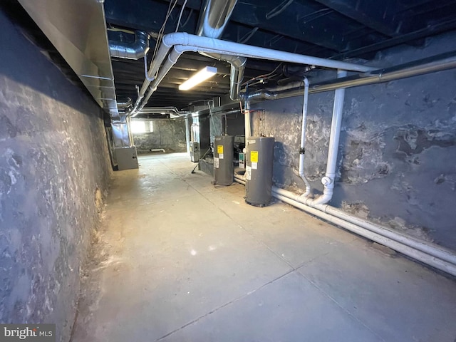 basement with heating unit and water heater