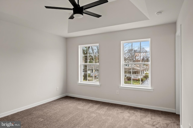 carpeted spare room featuring a raised ceiling, a healthy amount of sunlight, and ceiling fan