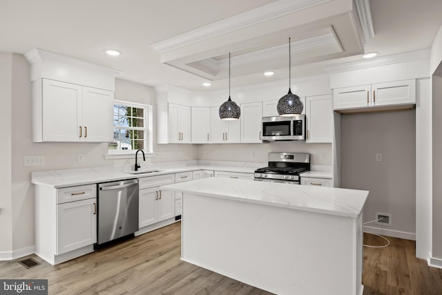 kitchen with sink, stainless steel appliances, a tray ceiling, white cabinets, and a kitchen island