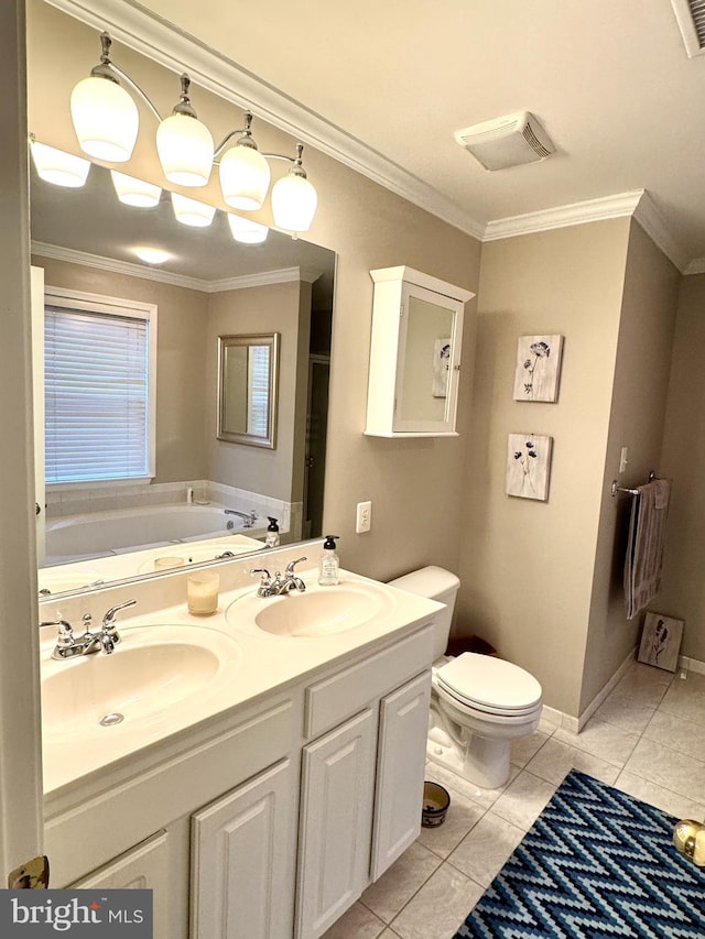 bathroom with crown molding, toilet, tile patterned floors, and a tub to relax in