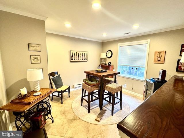 dining room featuring crown molding, baseboard heating, and light tile patterned floors