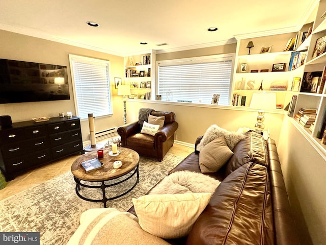 living area with ornamental molding, a baseboard heating unit, and light tile patterned floors