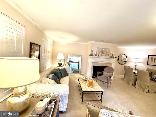 carpeted living room featuring ornamental molding and a tile fireplace