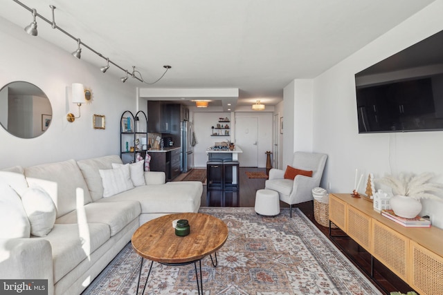 living room with dark hardwood / wood-style flooring