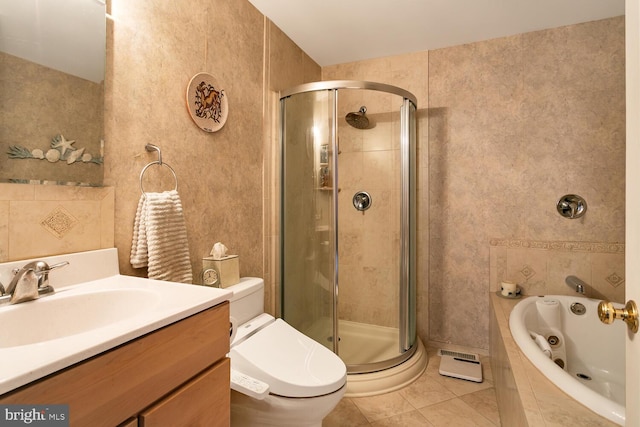 full bathroom with vanity, tile patterned flooring, plus walk in shower, and toilet