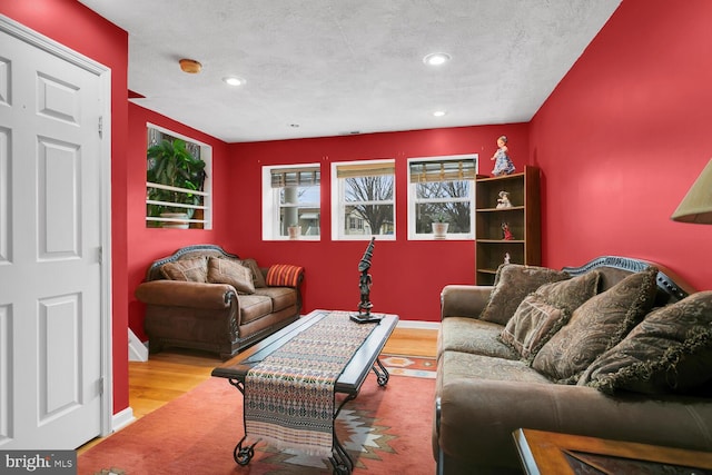 living room with a textured ceiling and light wood-type flooring