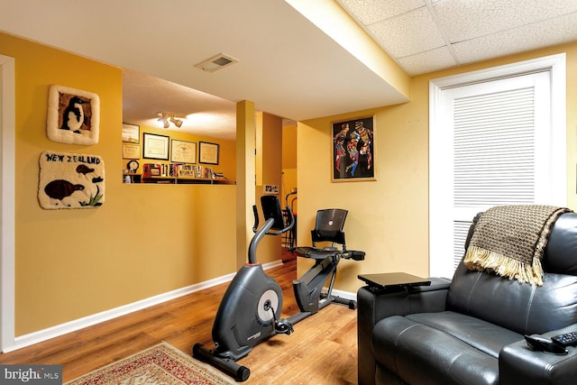 exercise room with a drop ceiling and hardwood / wood-style floors