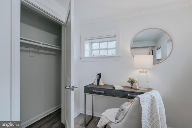 interior space featuring crown molding and dark wood-type flooring