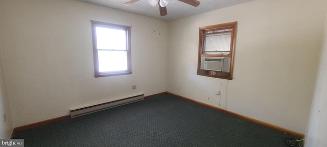 carpeted spare room with a baseboard radiator, cooling unit, and ceiling fan