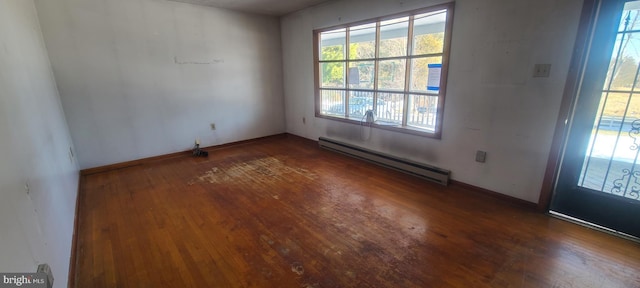 unfurnished room with dark hardwood / wood-style floors and a baseboard heating unit