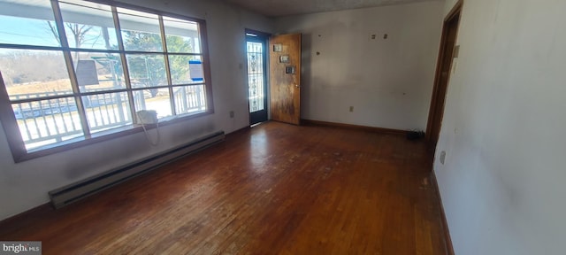 empty room with dark wood-type flooring and a baseboard radiator